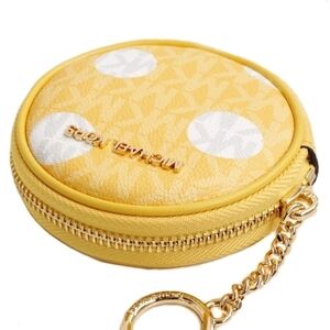 Michael Kors Yellow Polka Dot Round Coin Pouch with Gold Keyring